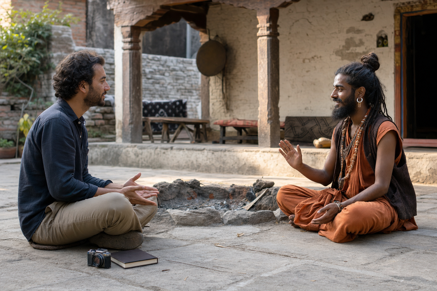 A visitor with a closed notebook and an unused camera sits at eye level with an ash-marked practitioner in a monastery courtyard.