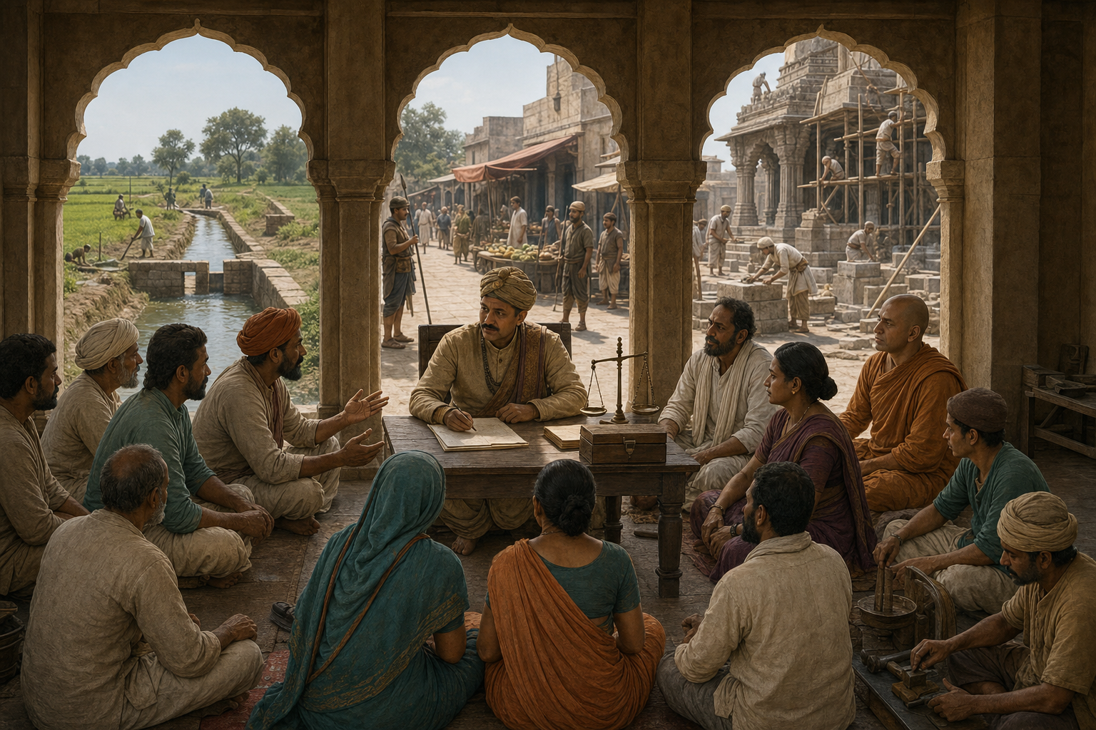 An official hears citizens in a courtyard while irrigated fields, a peaceful market, and a restored place of worship appear through arches behind them.