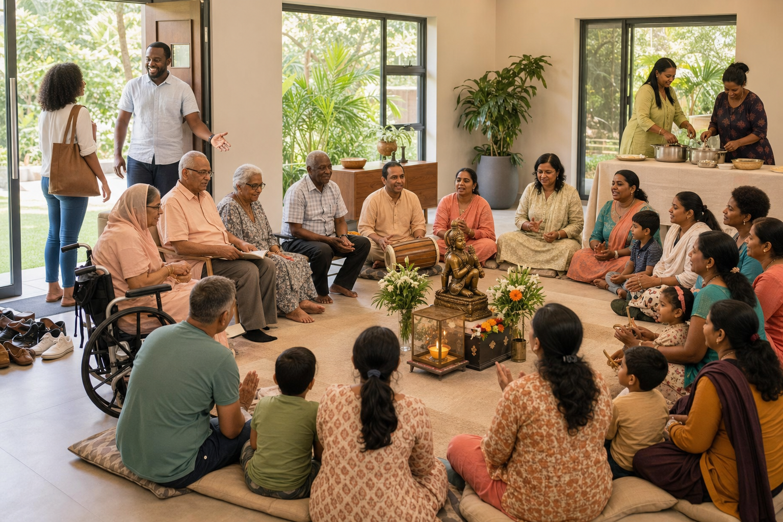 A small multigenerational Hindu group gathers around a lamp and Hanuman-inspired figure in an accessible neighborhood community room.