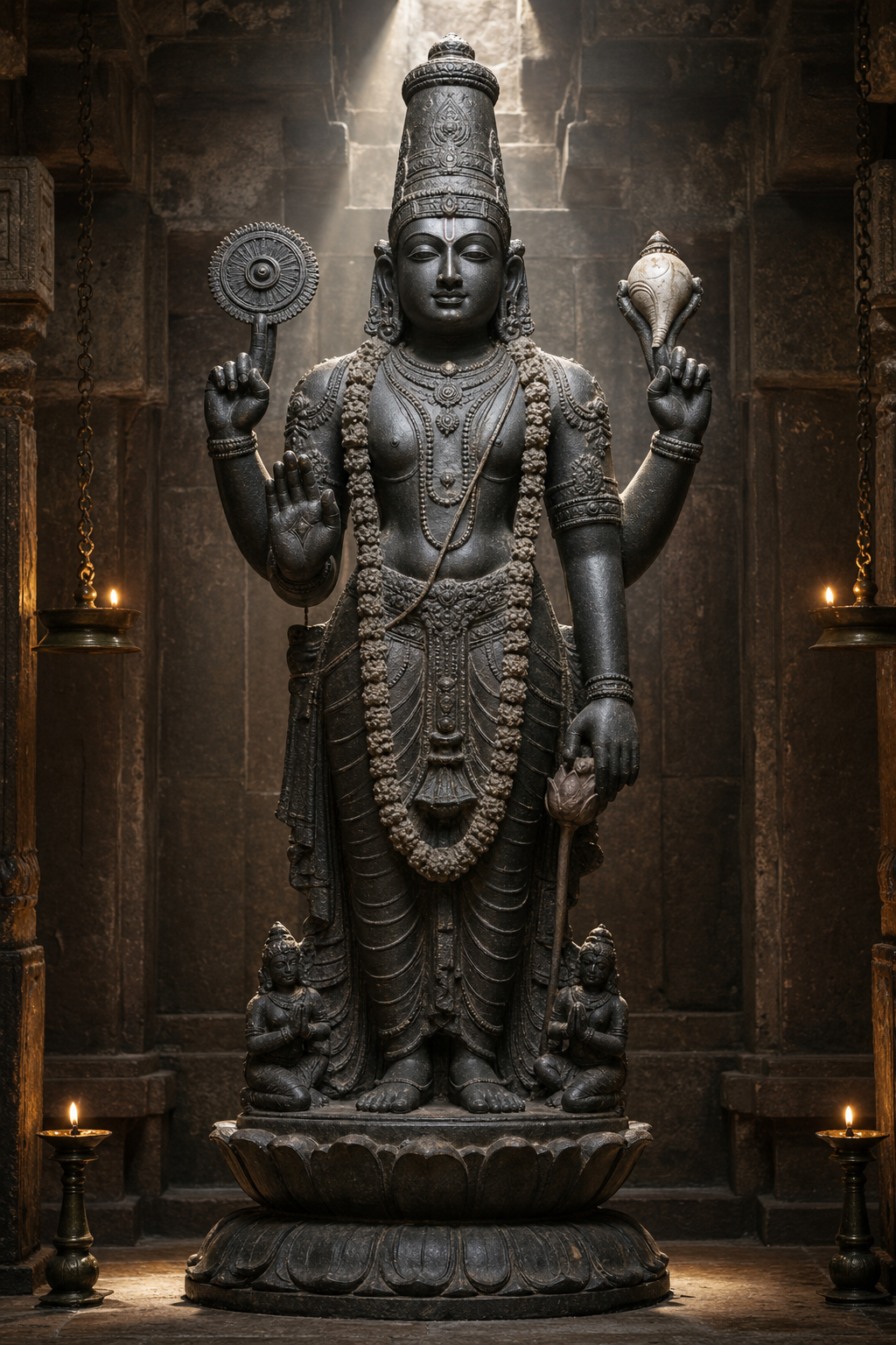 A four-armed standing Vishnu murti holds a discus and conch, raises an open palm and stands crowned and garlanded on a lotus pedestal.
