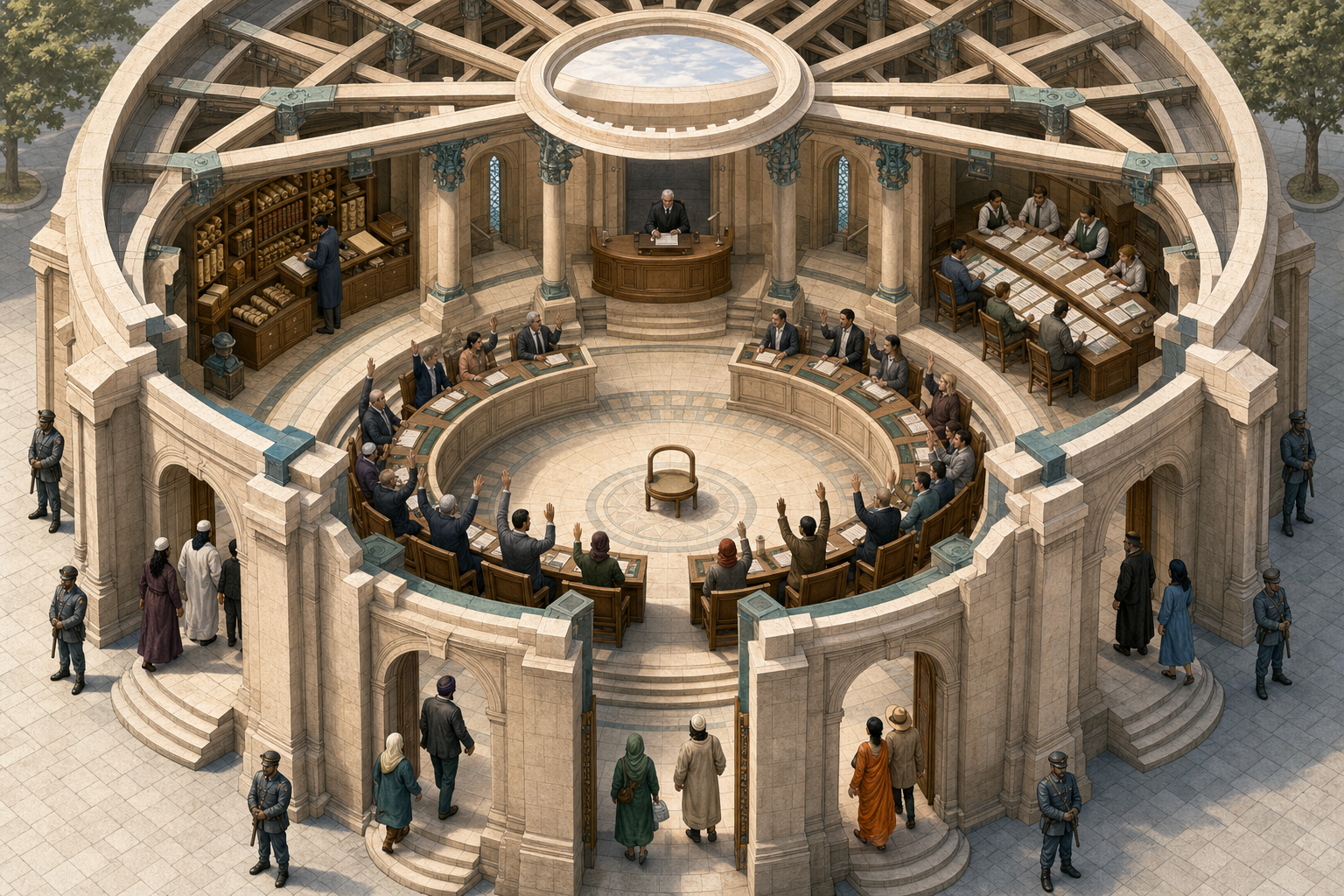 A cutaway view of a circular council hall shows citizens entering equally while judges, council members, archivists, auditors, and guards perform separate civic roles.