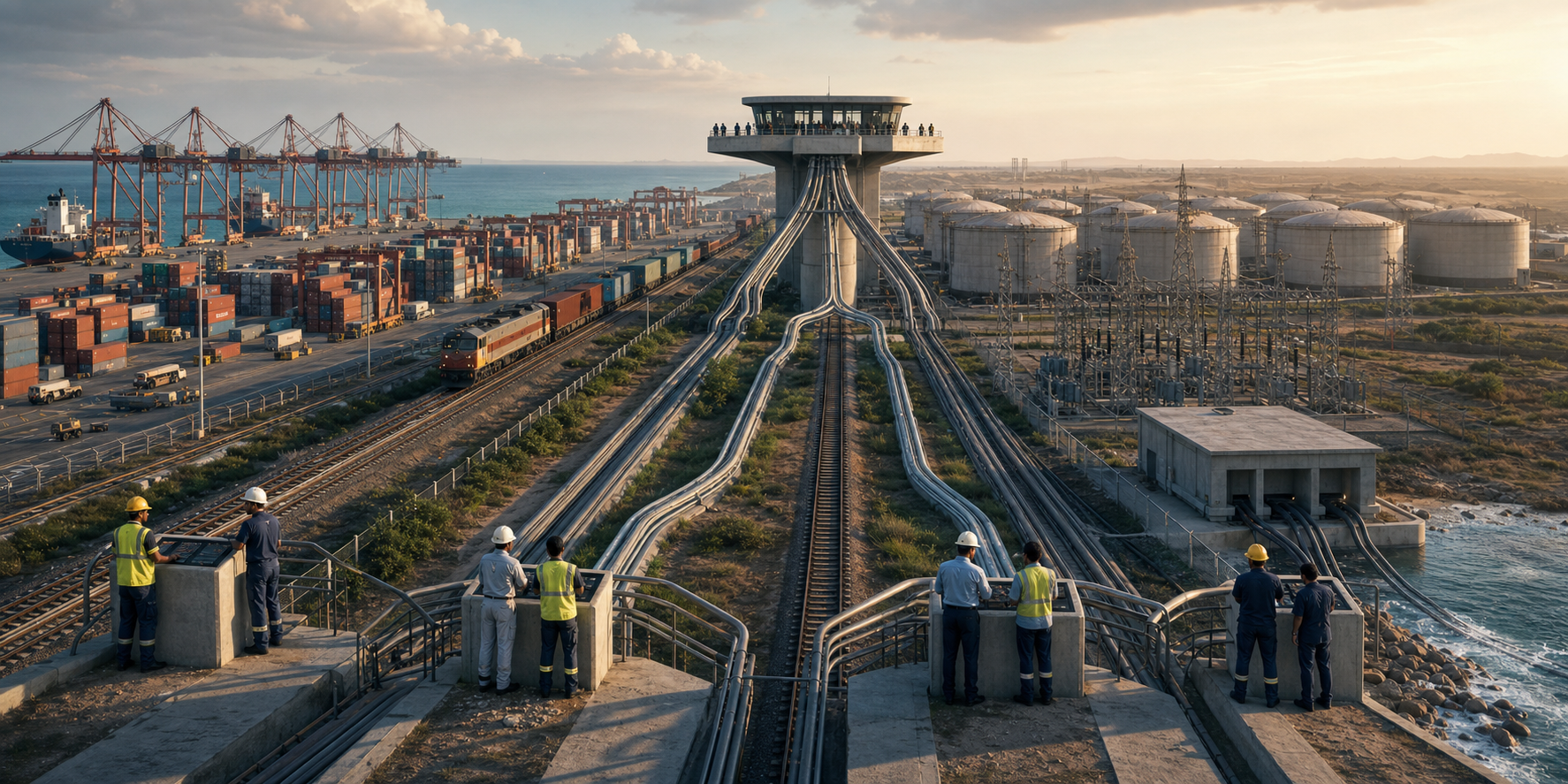 Modern coastal port connected to rail, electricity and data infrastructure, with several junctions narrowing toward one control point.