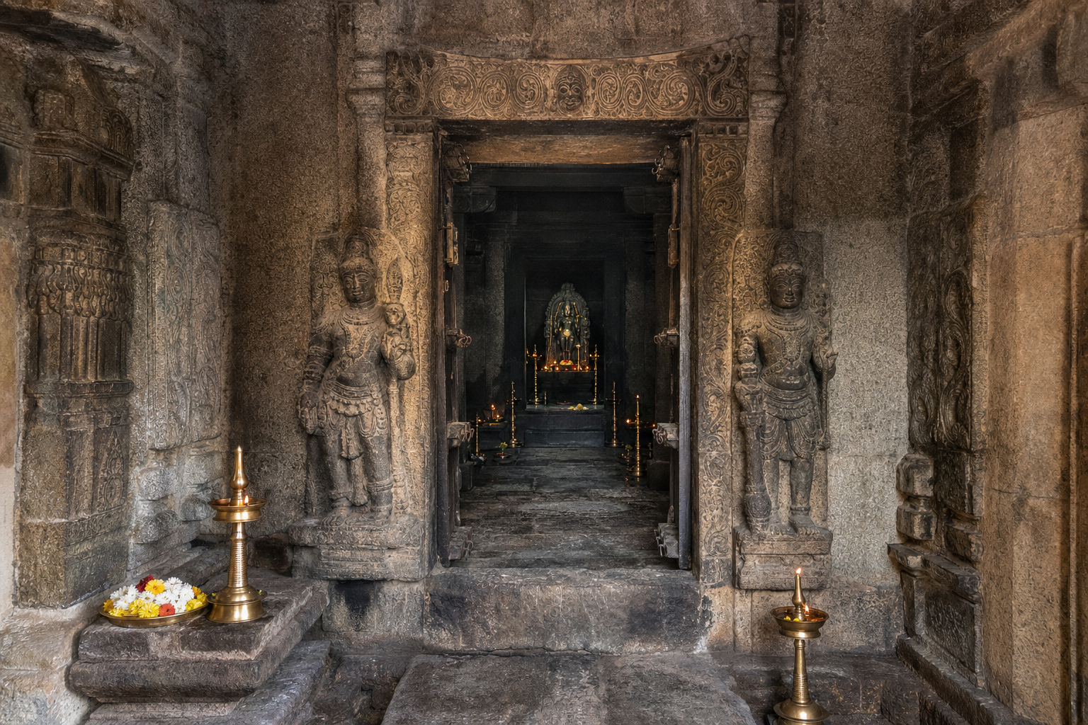 A temple sanctum framed by carved guardians contains a distant stone murti, with oil lamps, flowers and worn architecture providing ritual and spatial context.