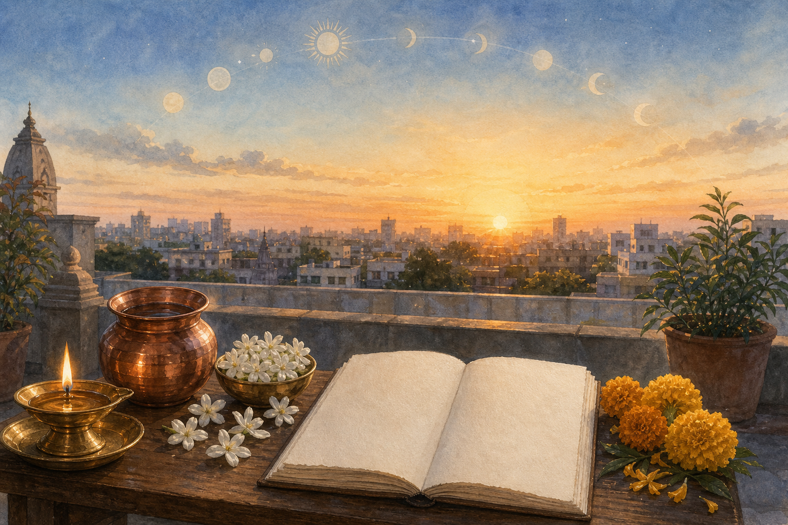 Brass lamp, copper vessel, flowers, and a blank notebook on a terrace illuminated by sunrise over an Indian city.