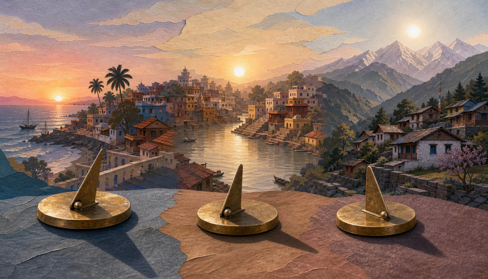 Three Indian landscapes at different stages of dawn, each with an unmarked brass instrument casting a different shadow.