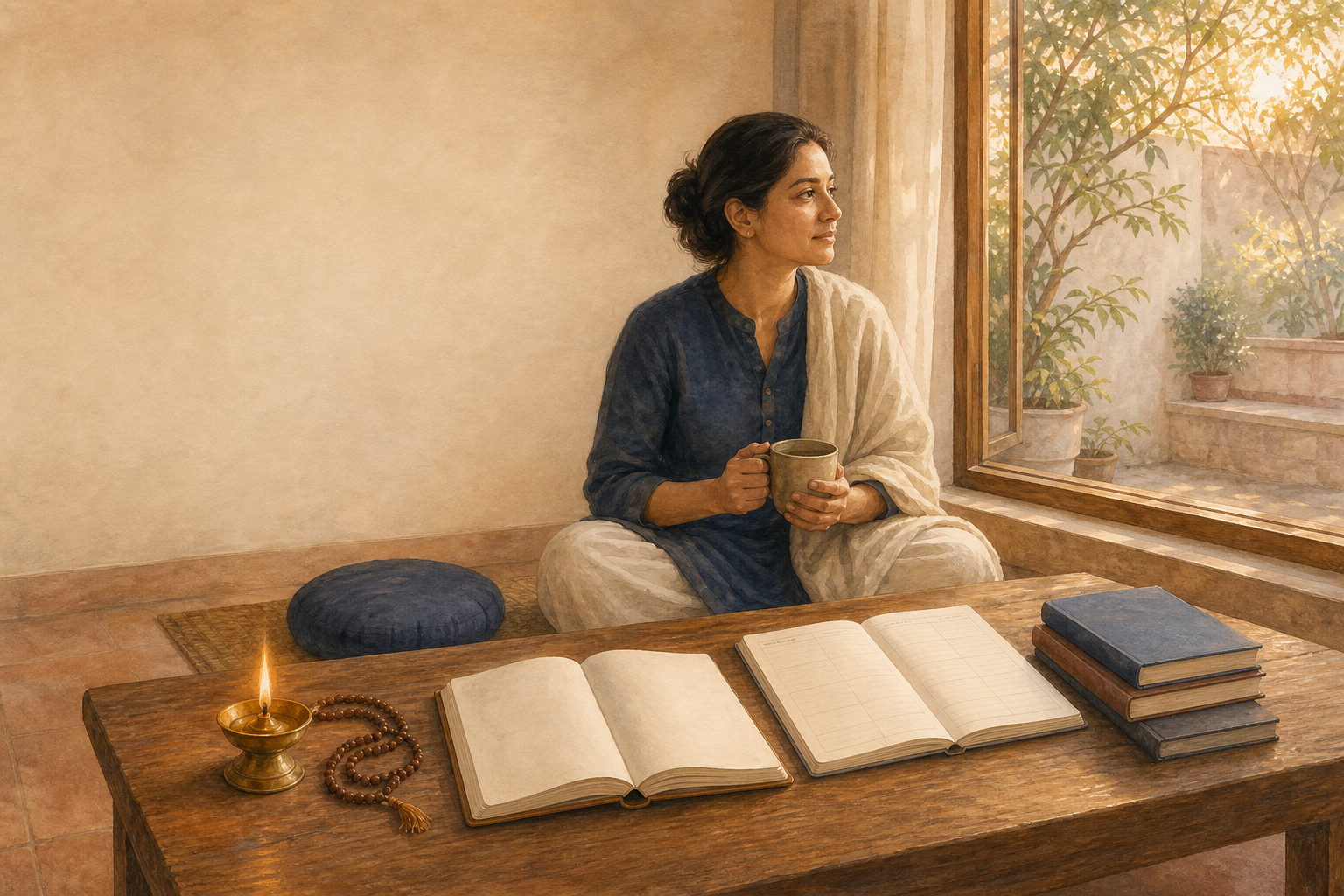 An adult sits at a low table at dawn with a blank journal, an unmarked planner, prayer beads, and a lit brass oil lamp.