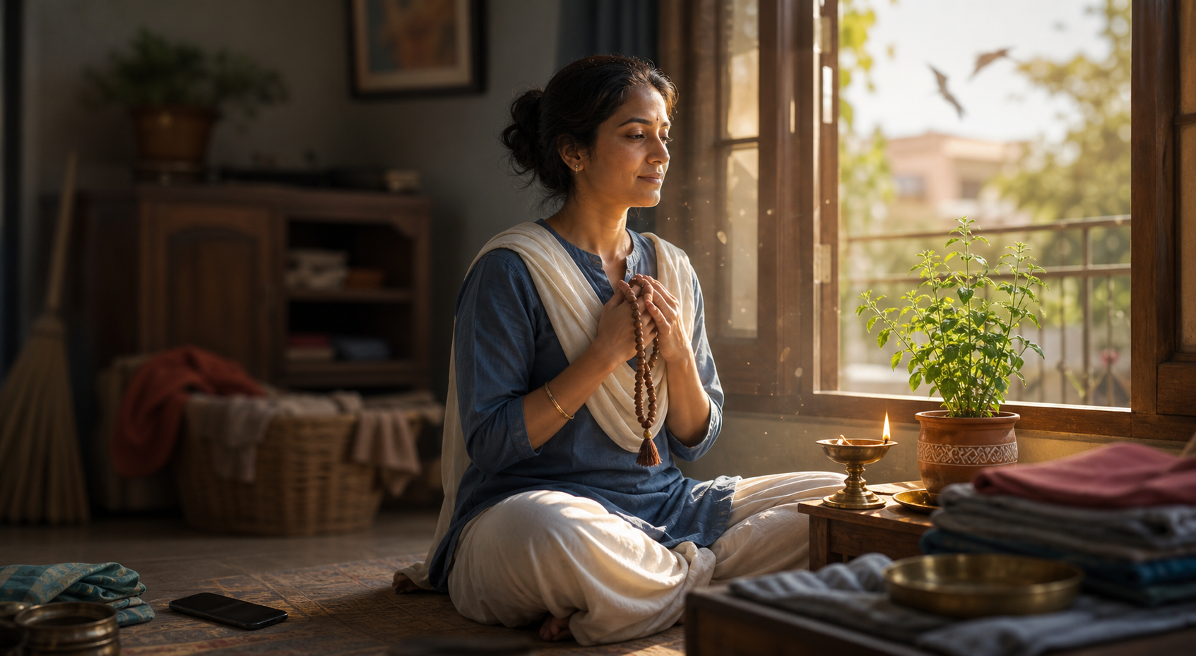 A devotee holds prayer beads beside a window while household distractions remain blurred around a focused oil lamp and tulsi plant.