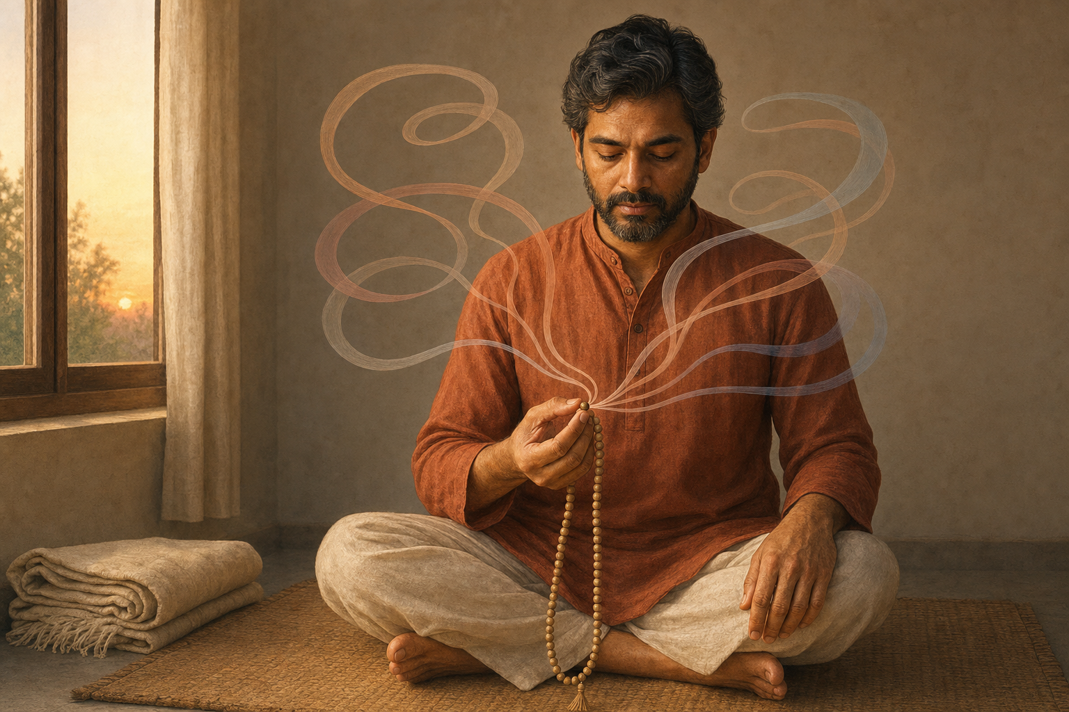 A seated meditator holds a tulsi bead mala while faint looping ribbons around the upper body converge toward the bead in the hand.