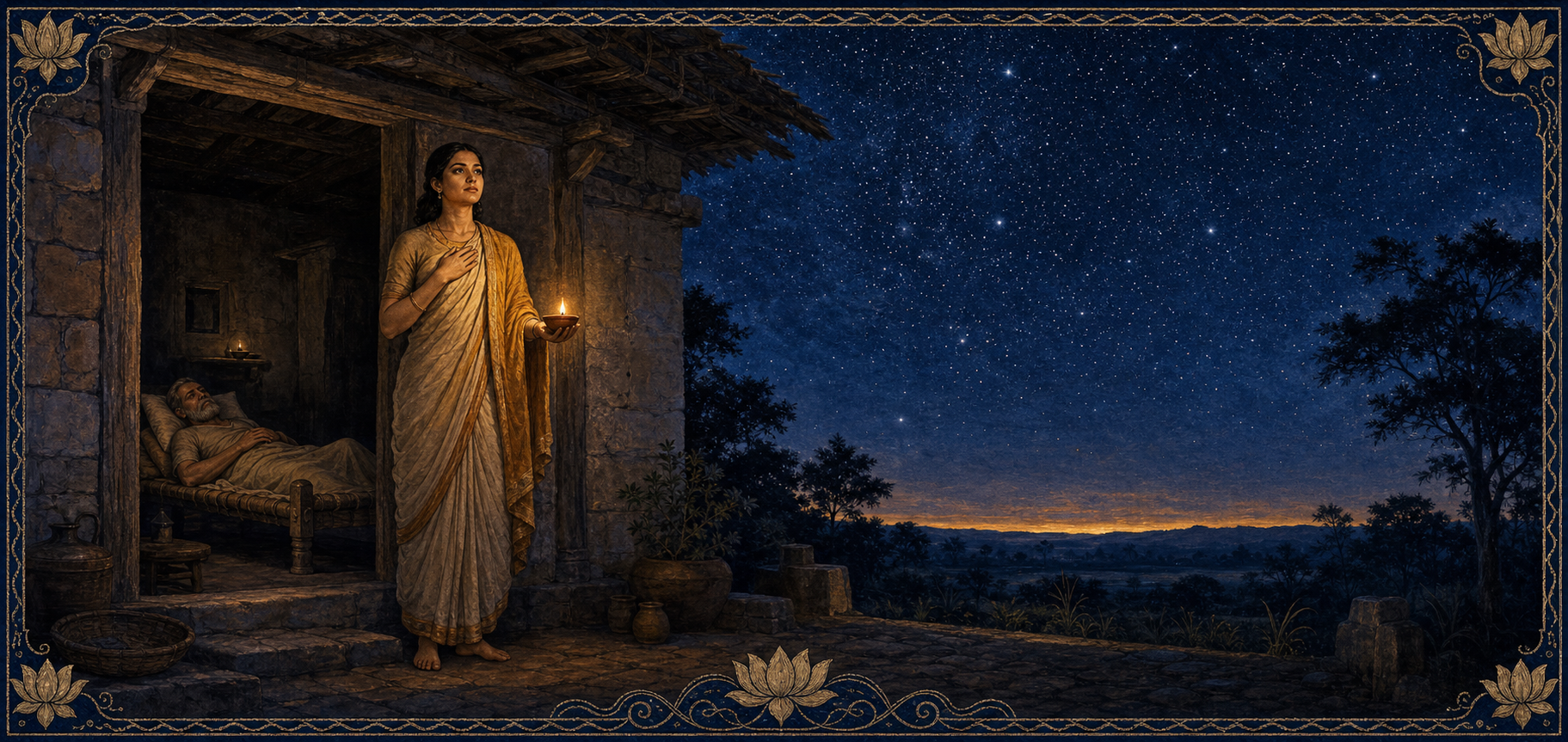 Shilavati stands with an oil lamp outside a modest dwelling while her ailing husband rests inside and the star-filled night lingers above a faint dawn horizon.