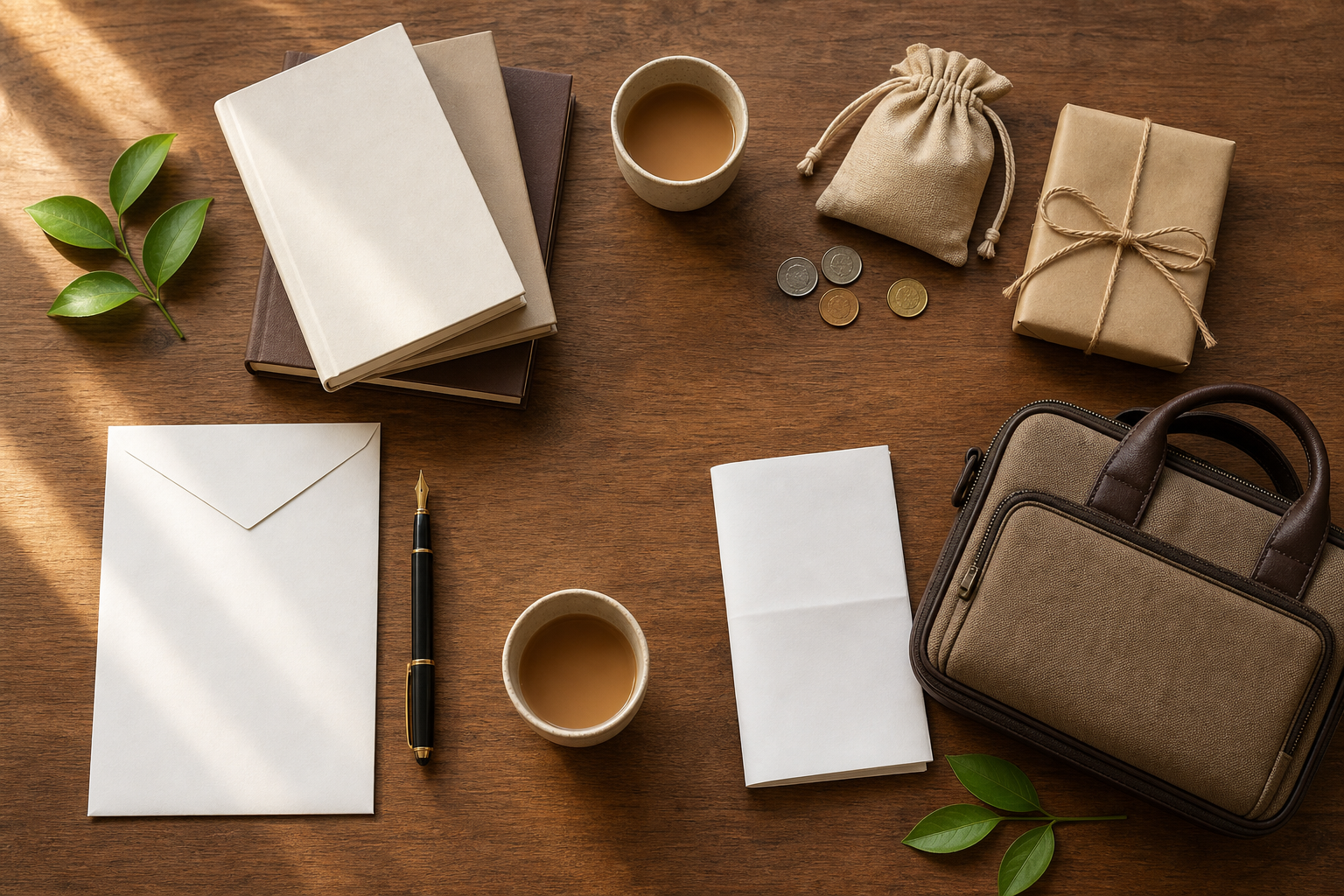 A worktable holds a blank document, study books, coins, two cups, a wrapped purchase, and a small travel bag.