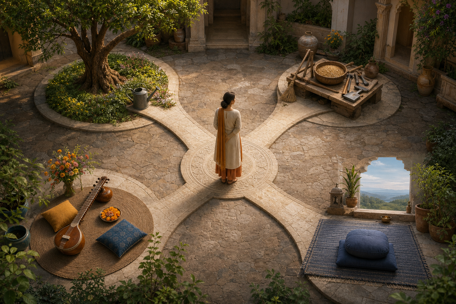 A person stands in a circular courtyard where four paths lead to areas symbolized by a tree, work tools, music and flowers, and a meditation seat.