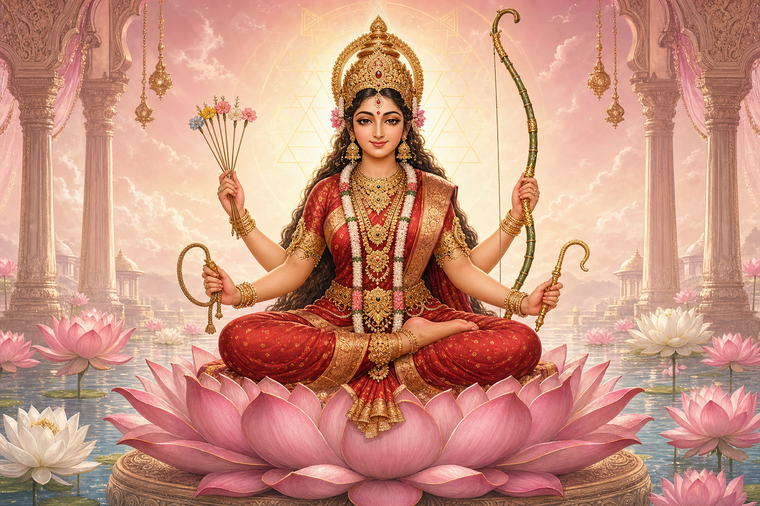 Devotional illustration of four-armed Lalita Tripurasundari seated on a lotus throne, holding a sugarcane bow, flower arrows, a noose, and a goad amid blooming lotuses.