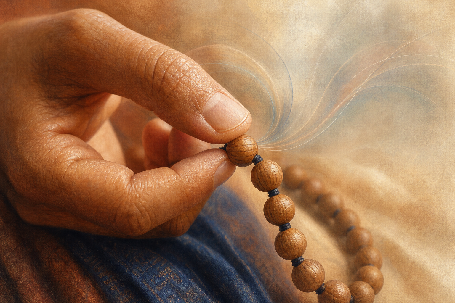 A hand moves along a wooden japa mala as soft curved lines in the background return toward the bead held at the fingertips.