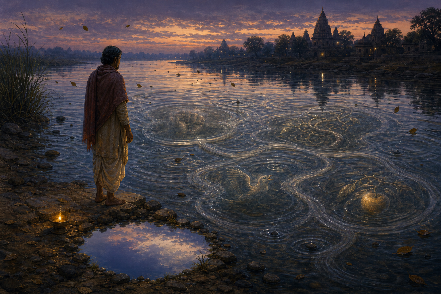 A pilgrim observes overlapping ripples and symbolic reflections in a river while one calm patch mirrors the evening sky.