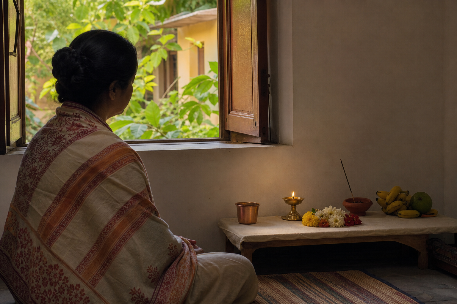 A devotee sits before a simple home altar with a brass lamp, water, flowers, fruit, and incense.