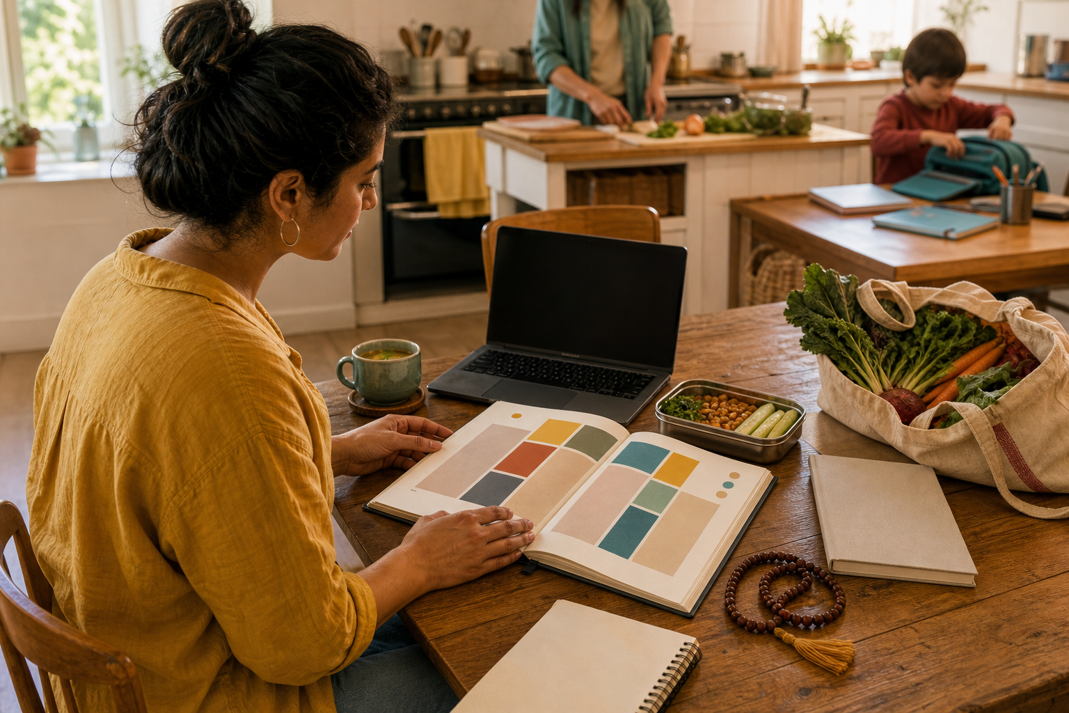 An adult reviews an unmarked weekly planner at a kitchen table surrounded by prayer beads, a laptop, books, art supplies, food, and a bag of vegetables.