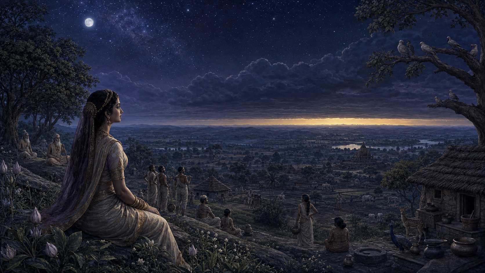 Shilavati watches over a moonlit landscape where villagers, animals, and unopened flowers wait beneath a prolonged starry night and a faint glow at the horizon.