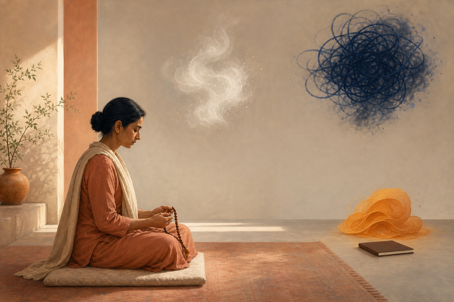 A meditator remains focused on a mala while three differently shaped abstract clusters appear around the quiet room, with a closed notebook set aside nearby.