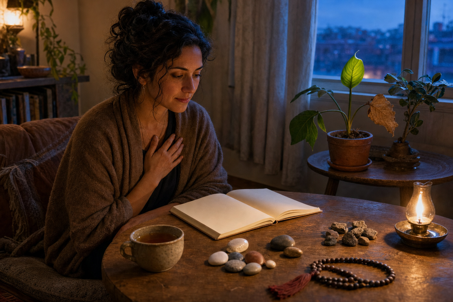 An adult reflects beside a low table with a blank journal, grouped stones, prayer beads, tea, and a small oil lamp at twilight.