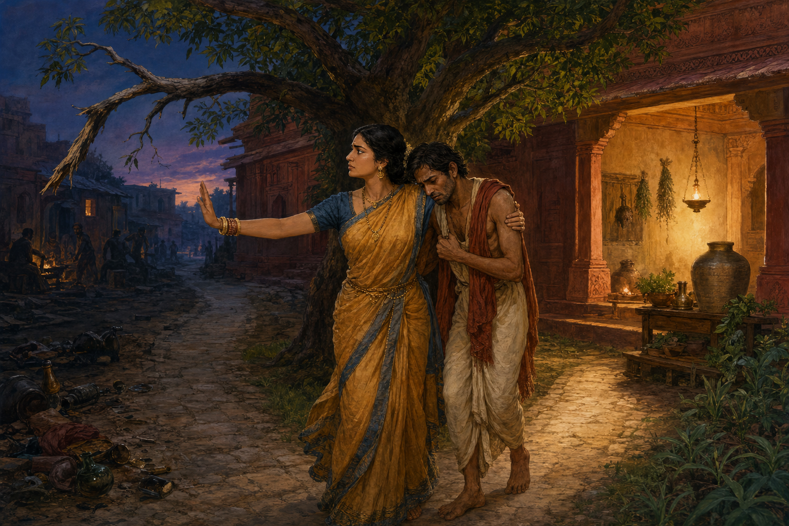 Shilavati supports her weakened husband while firmly barring a dark path and directing him toward a lit shelter with water, medicine, and a household fire.