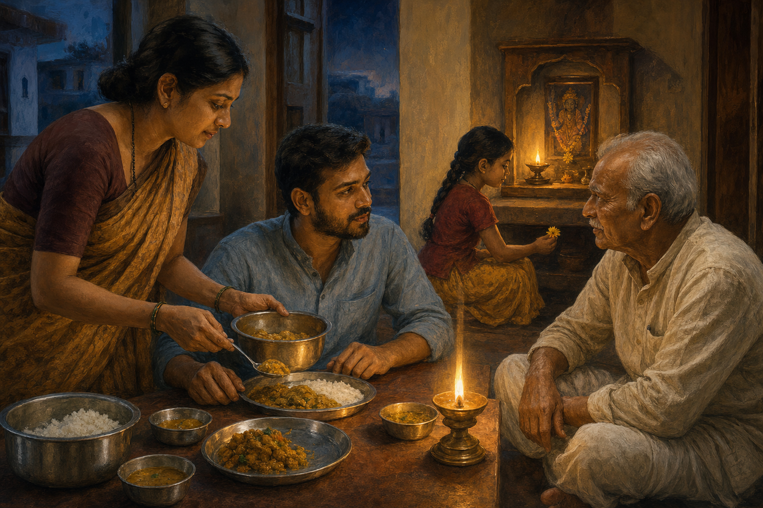 Three generations of a family share a meal, listen to one another, and serve each other beside a softly lit household shrine.