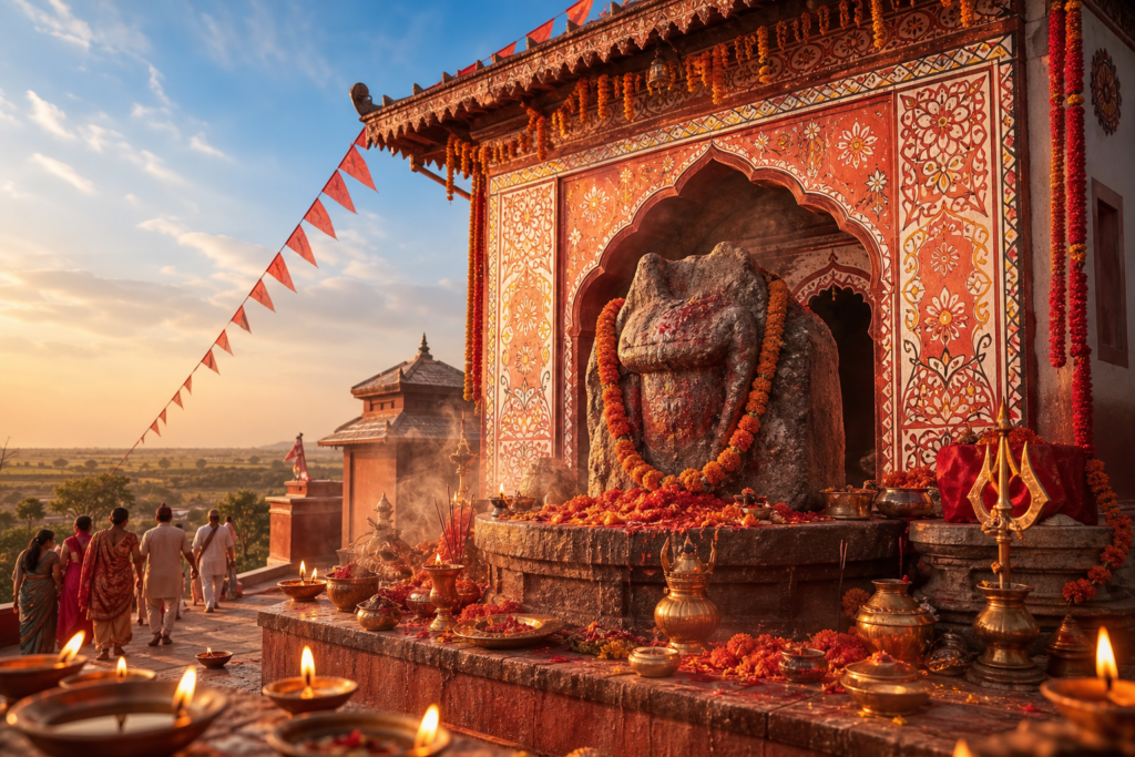 Sakhada Bhagavati Temple shrine in Saptari, Nepal, with a stone goddess murti, marigolds, oil lamps, and pilgrims at sunrise