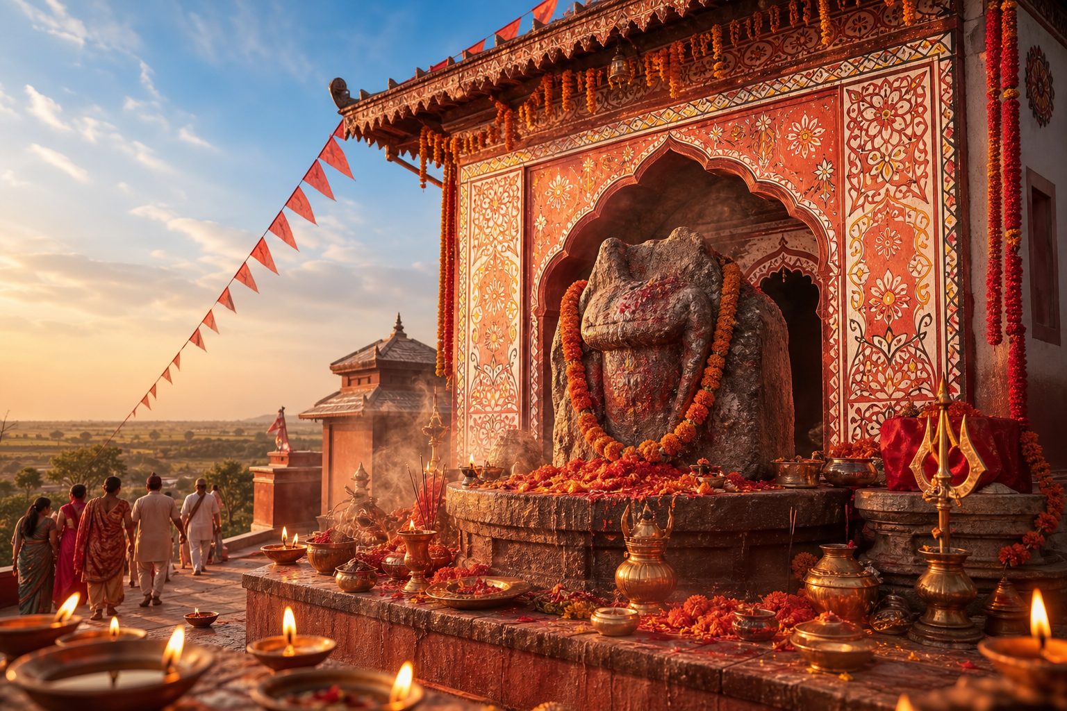 Sakhada Bhagavati Temple shrine in Saptari, Nepal, with a stone goddess murti, marigolds, oil lamps, and pilgrims at sunrise