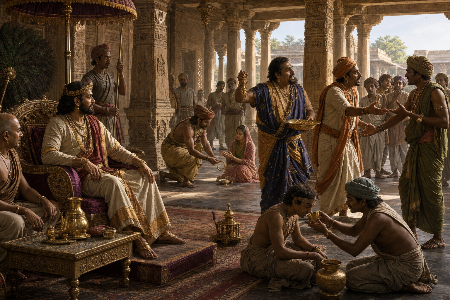 A royal judge notices a guard returning a dropped bracelet while other people in an ancient court watch a public argument.