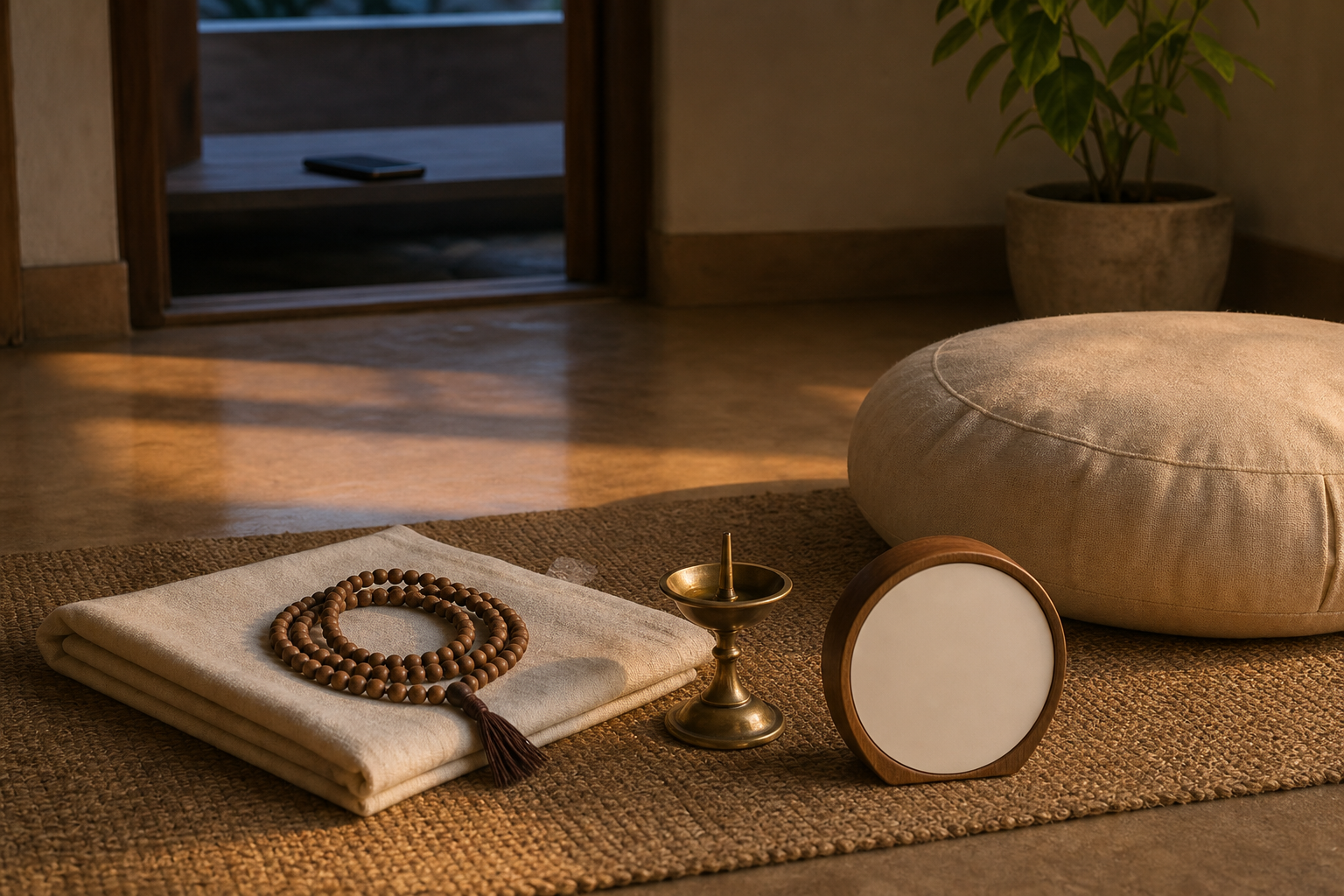 A tulsi mala, folded cloth, cushion, lamp, and blank timer are arranged for meditation while a phone rests face down outside the space.
