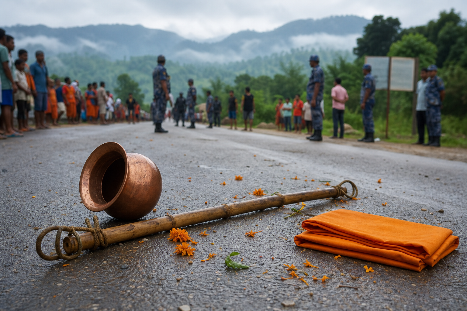 A copper pilgrimage vessel, bamboo carrying pole, marigold petals and folded saffron cloth lie beside a cordoned road in Nepal as pilgrims and residents wait in the distance.