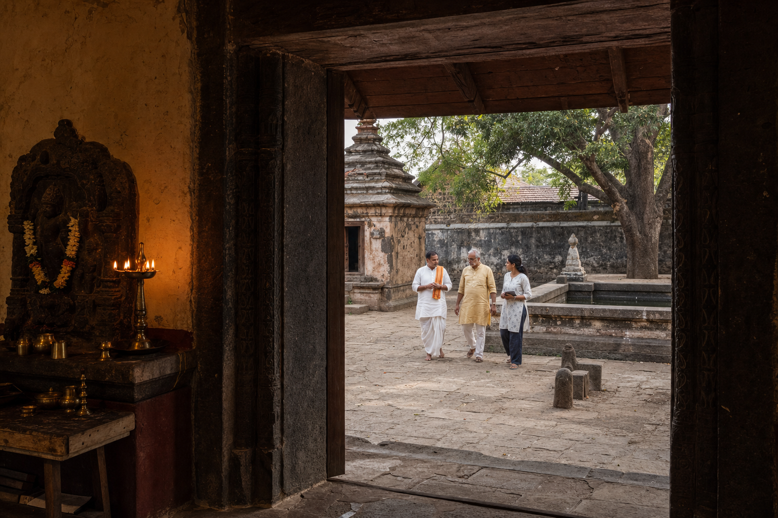 A priest, trustee and conservation professional walk through a Maharashtra temple courtyard containing a subsidiary shrine, sacred tree, water structure and boundary stones.