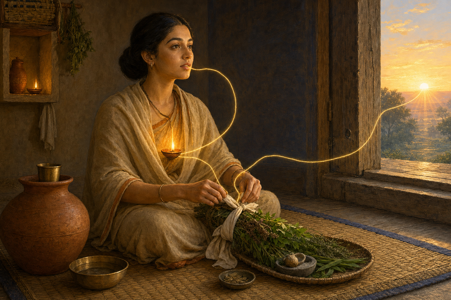 Shilavati sits in a lamplit room as a golden thread visually connects a flame near her heart, her speaking face, and her hands binding a bundle of medicinal herbs.