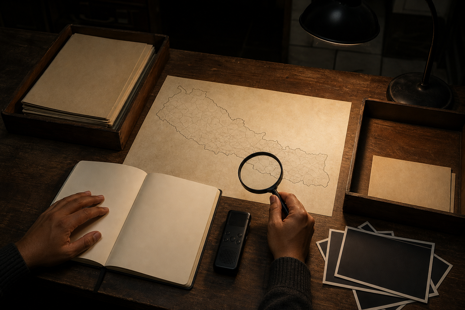 A reporter compares a blank map, notebook, recorder and face-down photographs on a desk arranged for careful fact-checking.
