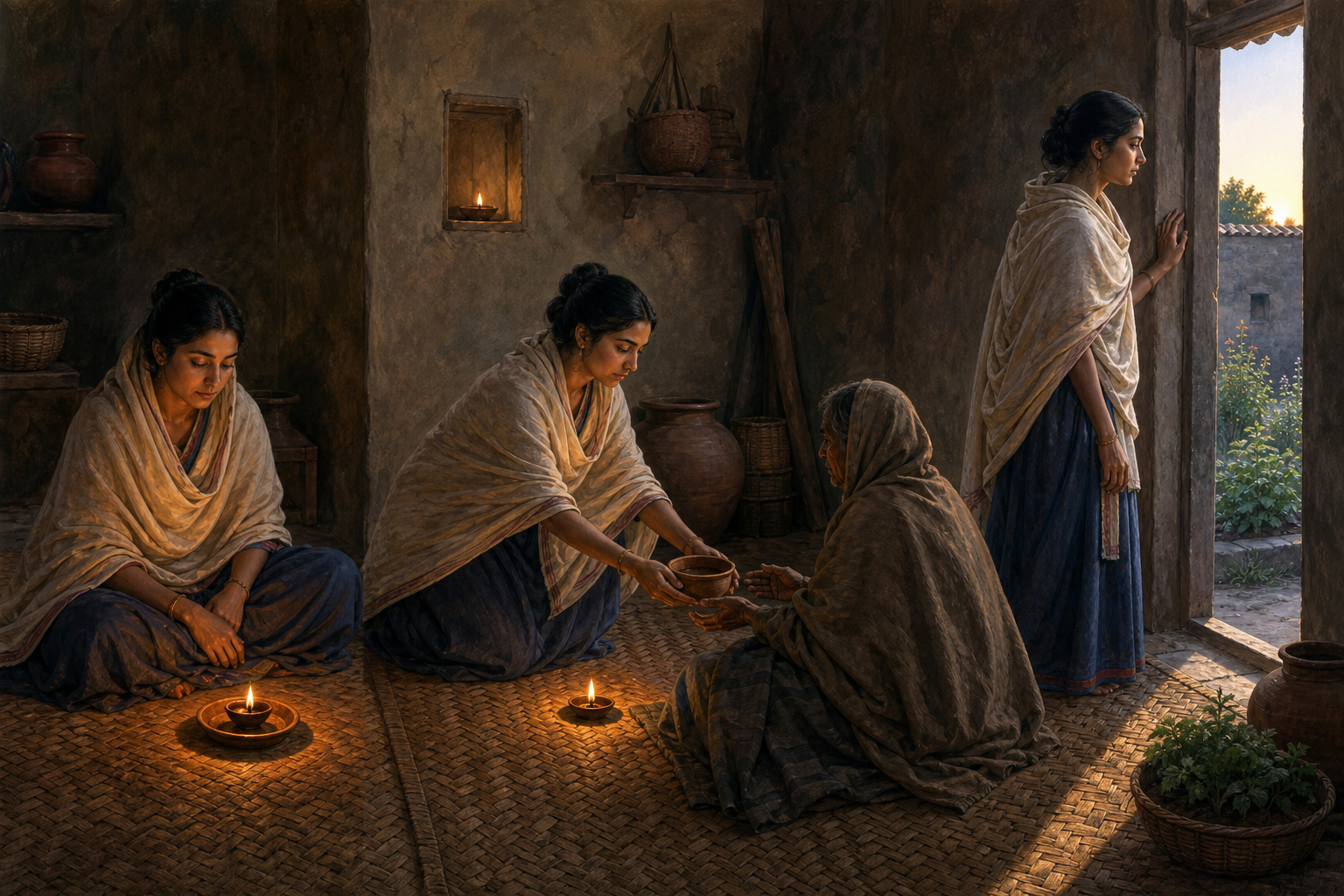 Shilavati reflects beside an oil lamp, sets out a bowl of water, and pauses thoughtfully at a doorway in a modest predawn household.