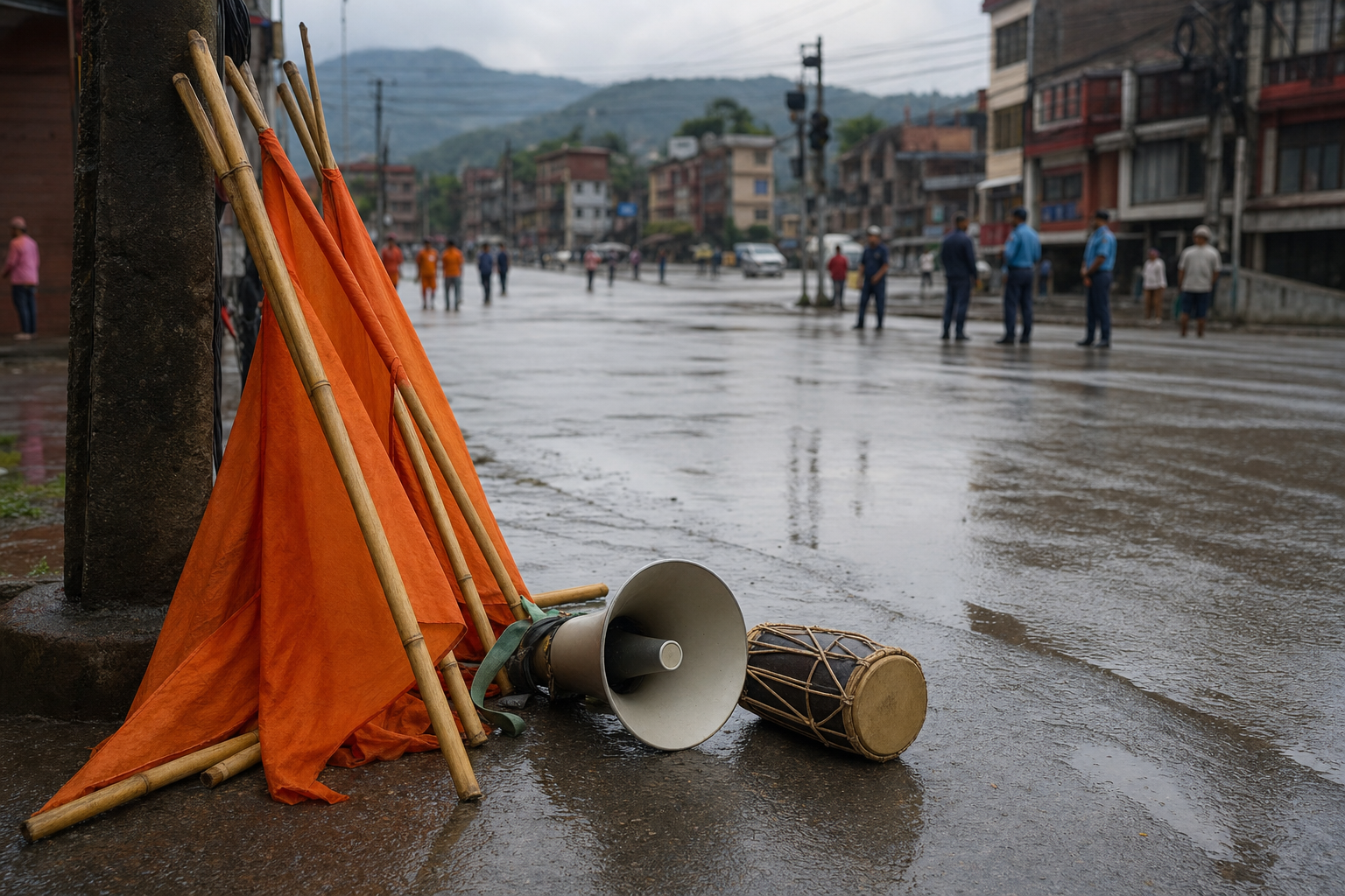 Plain saffron flags, a loudspeaker and a hand drum stand beside a wet procession route while pilgrims, bystanders and officials remain blurred in the distance.