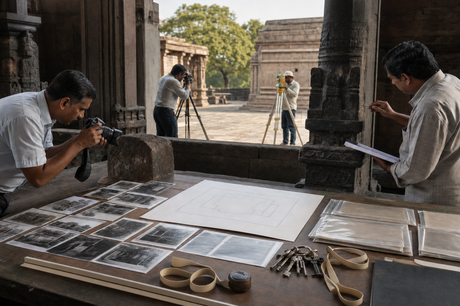 Trustees and specialists photograph a temple column and boundary stone while organizing plans, photographs, keys and measuring tools on a verandah table.