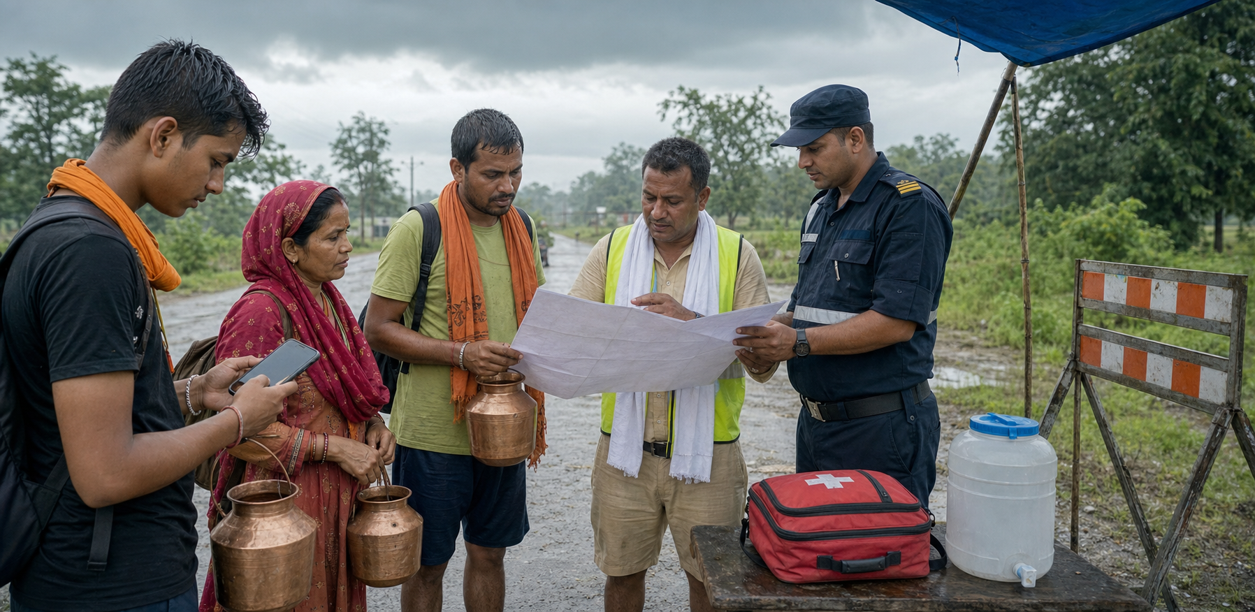 Bolbam pilgrims consult an organizer and a safety officer at a temporary route checkpoint on a cloudy road in Nepal.
