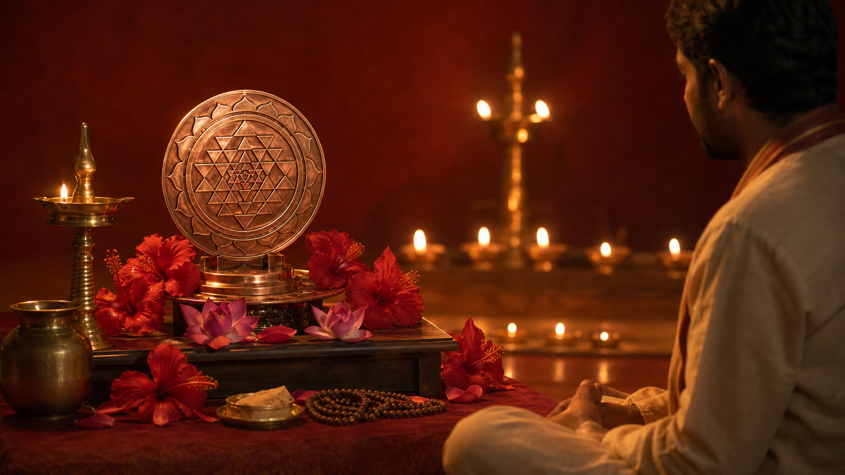 A devotee meditates before a copper Sri Chakra altar arranged with flowers, prayer beads, a water vessel, and a lit brass lamp.