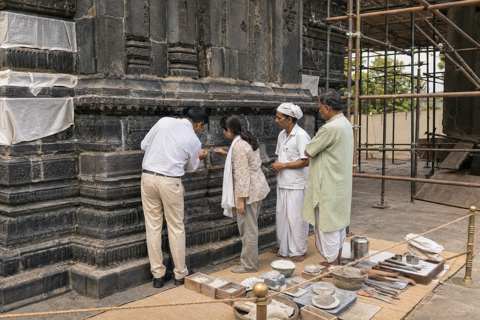 A conservation architect, engineer, stone mason and trustee inspect a test section of a scaffolded basalt temple wall before restoration work begins.