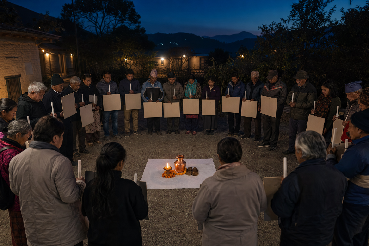 Mourners gather around an empty memorial place with a copper water vessel, sandals, marigolds and a glowing oil lamp in a Nepalese courtyard.