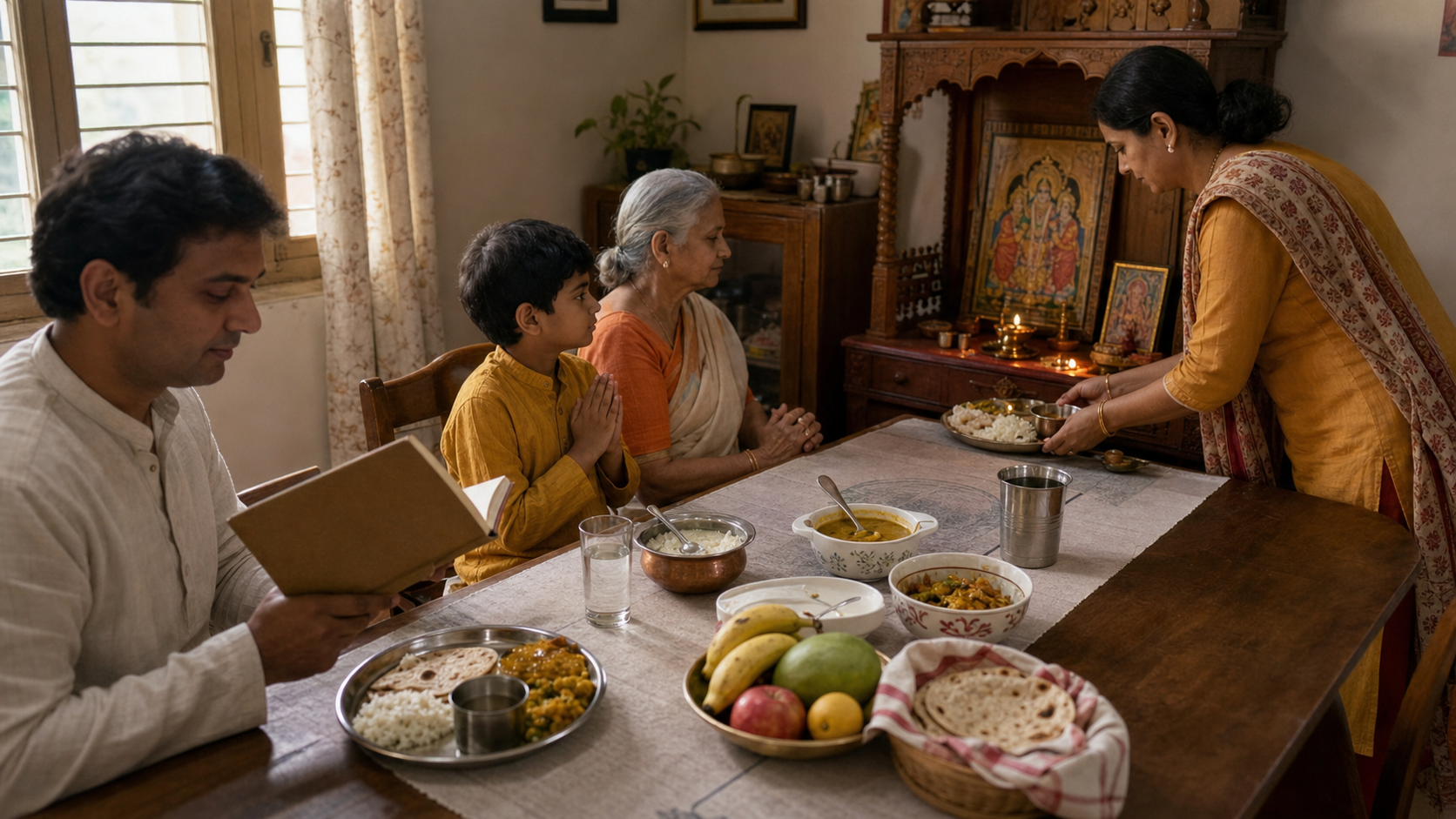 A family gathers beside a small home shrine as one person reads, another offers a simple vegetarian meal, and an extra plate is prepared for sharing.