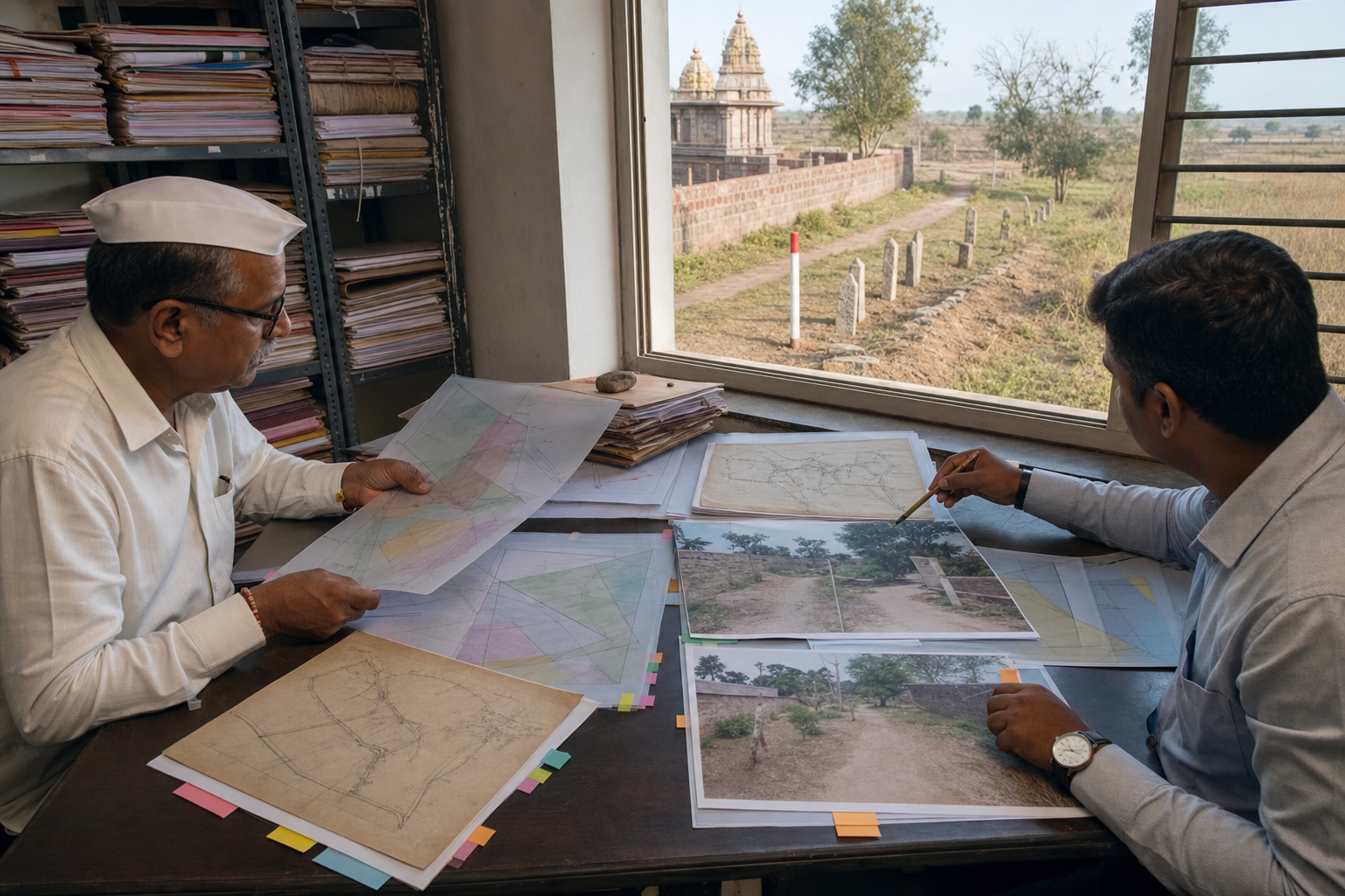 A trustee and survey professional compare unlabelled property diagrams and site photographs while looking toward temple land with old boundary stones and a new survey peg.