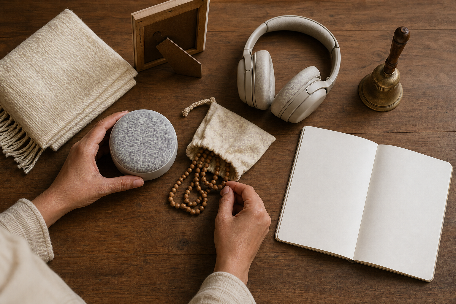A caregiver arranges prayer beads, headphones, a small speaker, a shawl, and a blank notebook on a wooden table.