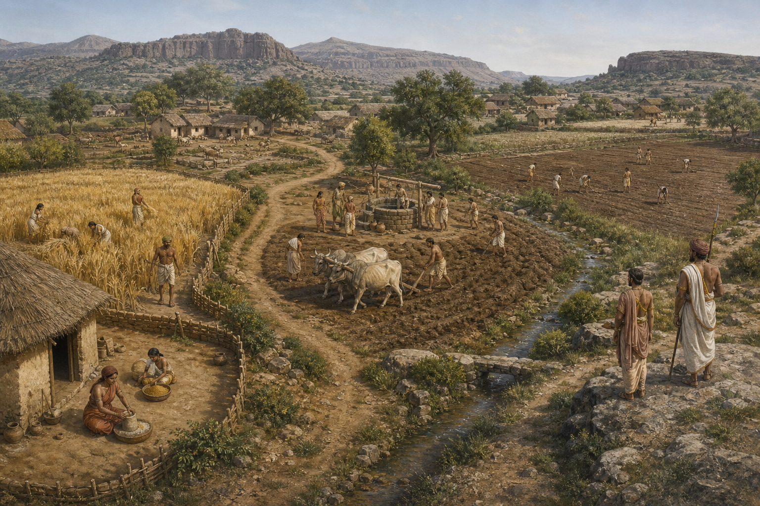 Household cultivators, cooperating families, and a royal official occupy different parts of one Satavahana-era rural landscape.