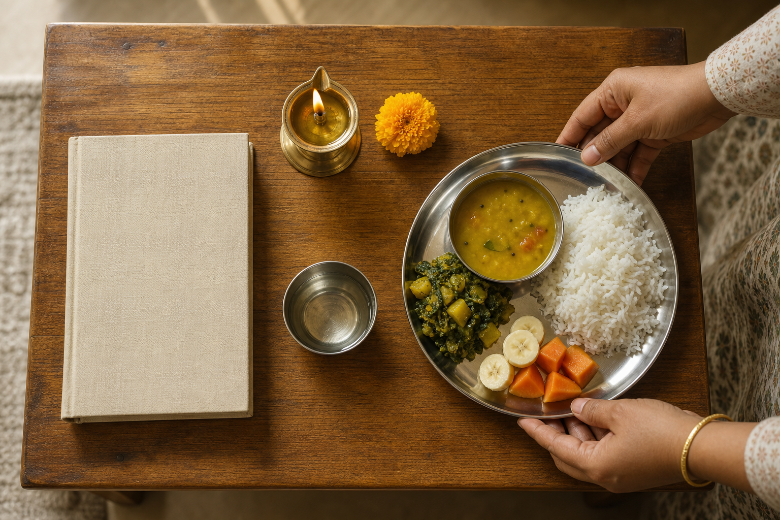 A person places a modest plate of rice, dal, vegetables, and fruit beside a simple lamp, flower, water bowl, and unlettered sacred book.