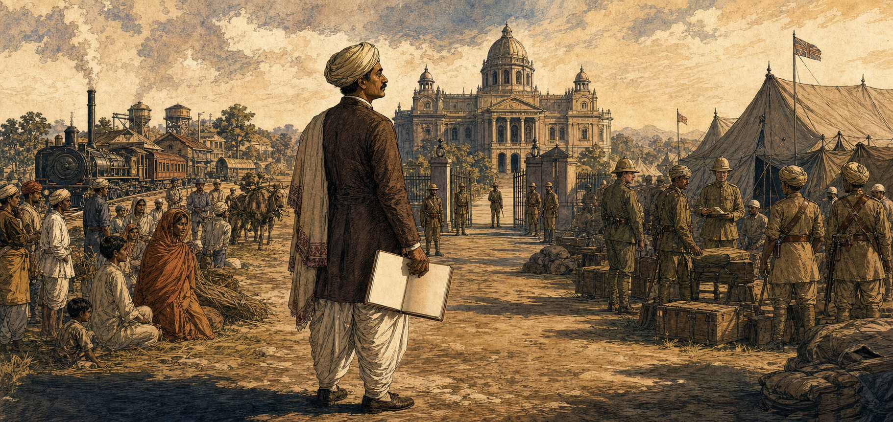An Indian representative surveys civilians, a colonial government building and an imperial army camp in a three-part scene.