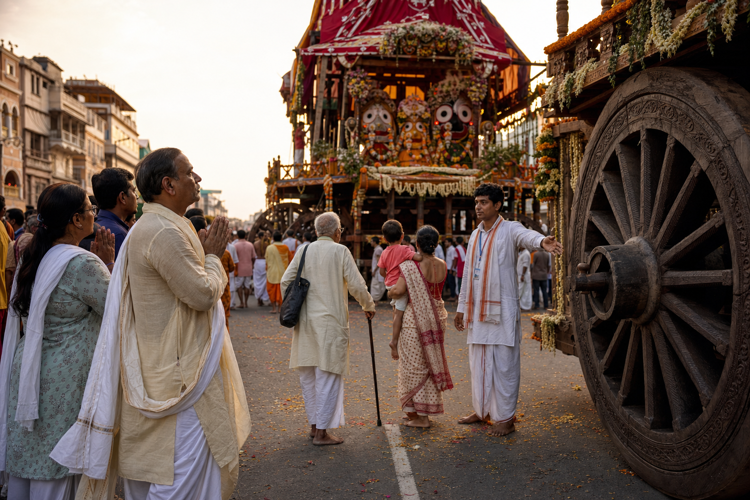 Devotees stand at a respectful distance with folded hands for darshan as a Ratha Yatra chariot pauses on the road.