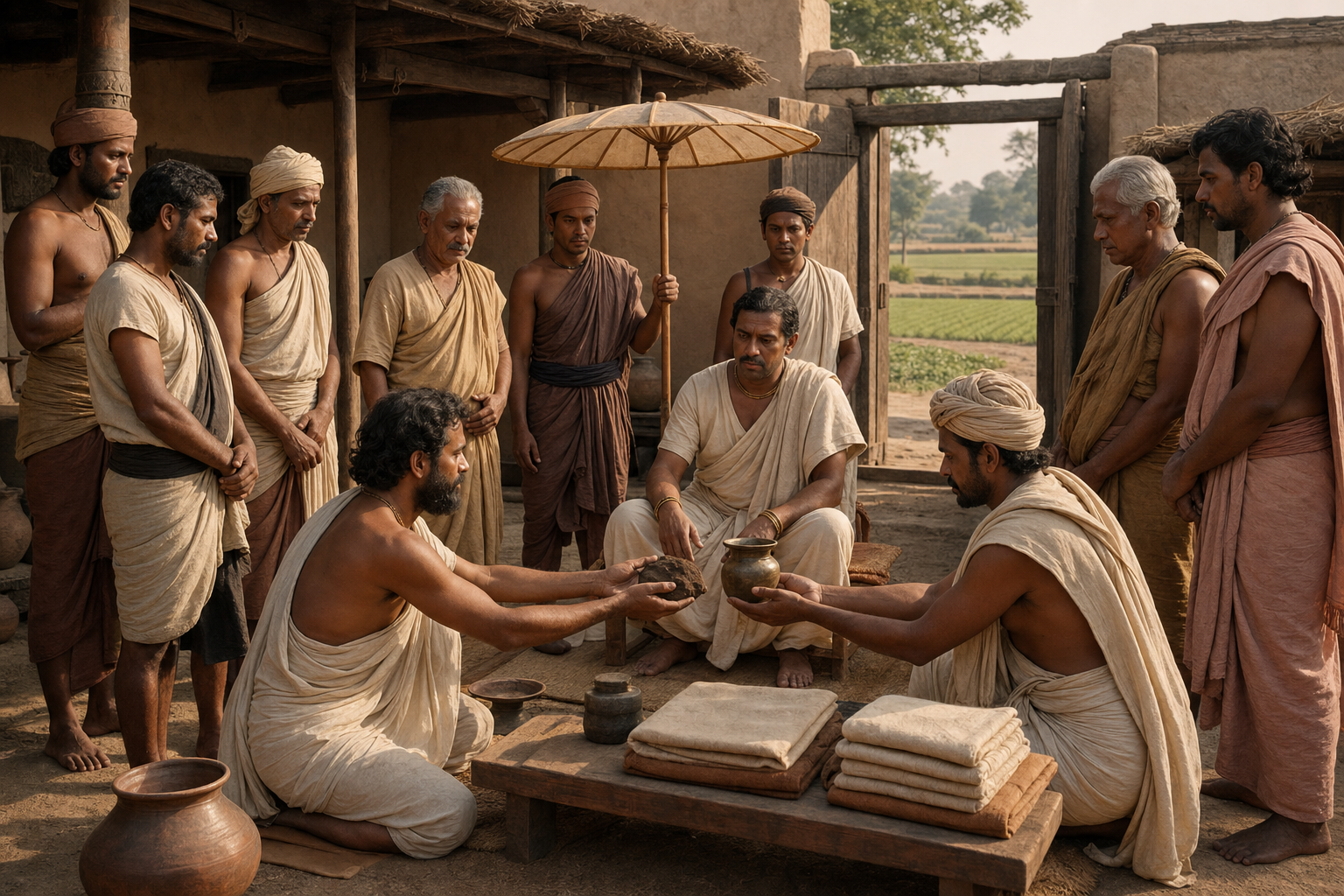 A royal representative witnesses a ceremonial transfer of soil between two parties in an early historic Deccan courtyard.