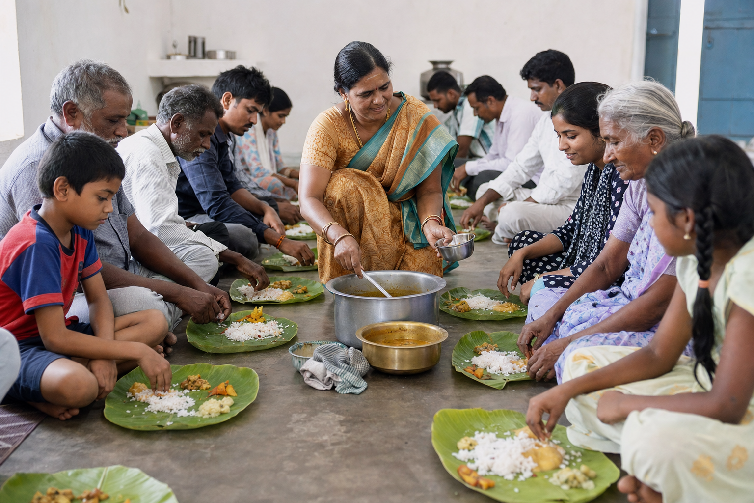 People of different ages sit together at the same level while equal portions of a vegetarian meal are served onto leaf plates.