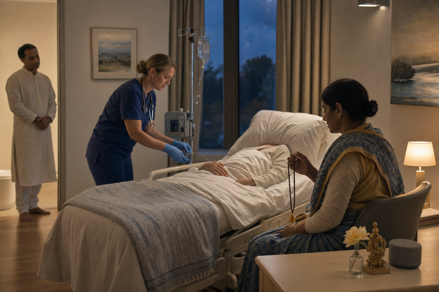 A hospice nurse tends to a patient while a seated family member quietly chants with prayer beads at the bedside.